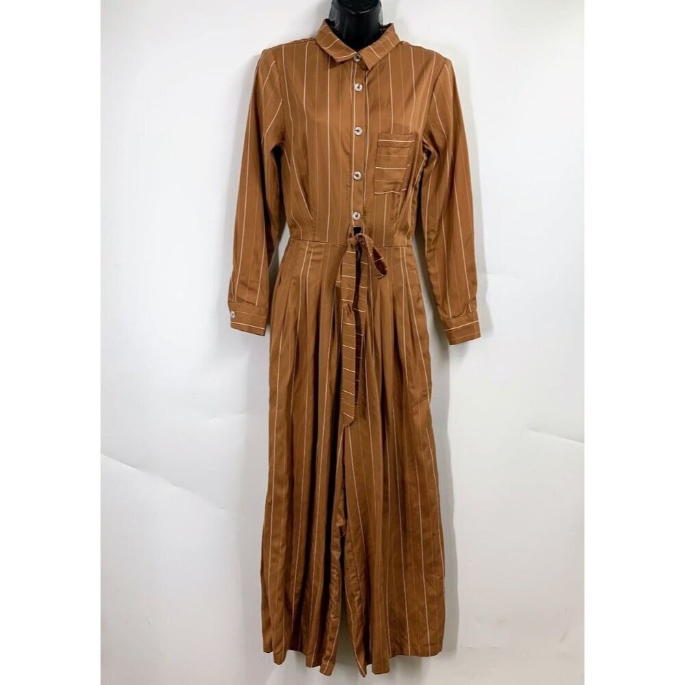 Sancia Women's Tencel Pinstripe Long Sleeve Wide Leg Collared Pantsuit Size XS‎